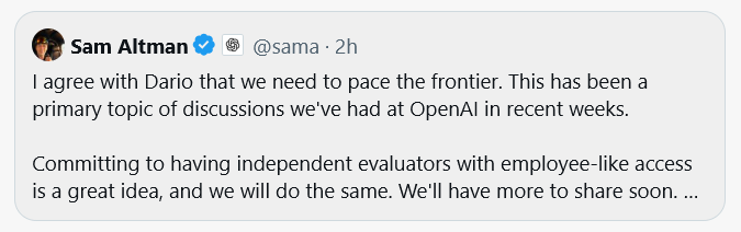 Sam Altman stimmt Dario Amodeis Vorschlag zu und kündigt unabhängige Evaluatoren bei OpenAI an
